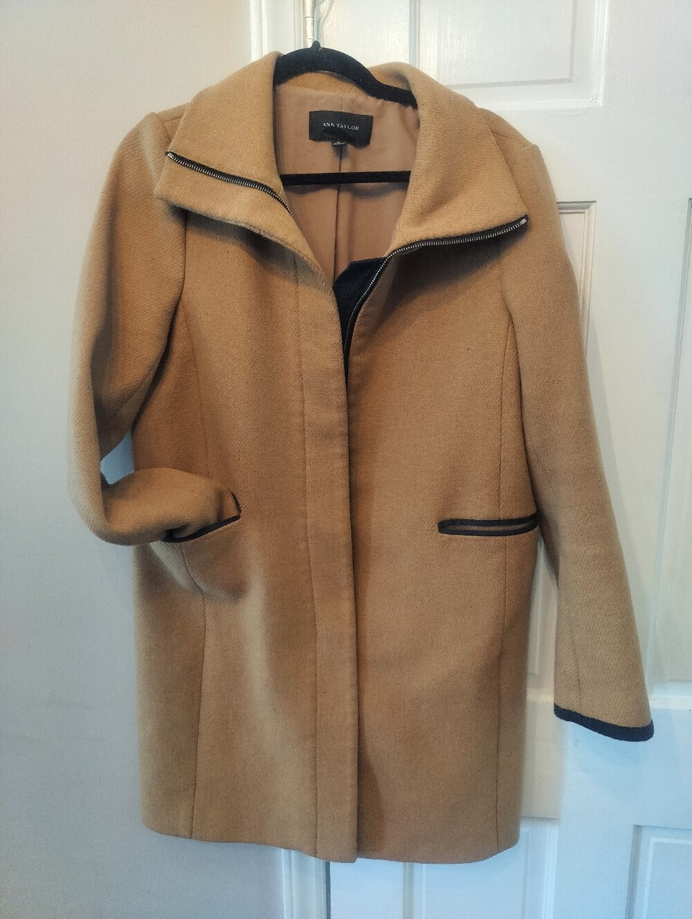 Ann Taylor Camel Trench Coat with Black Trim